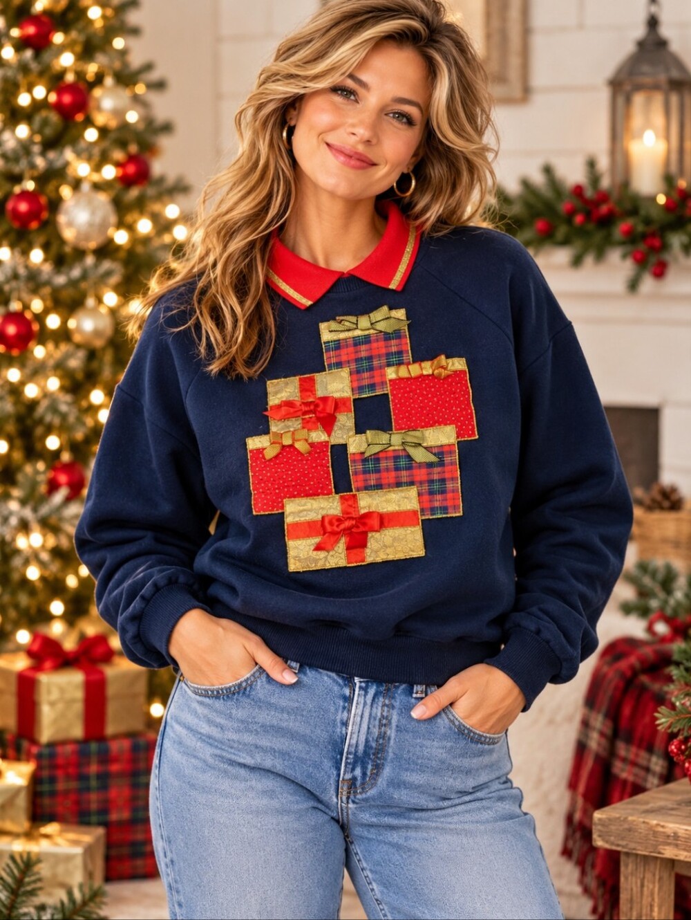 Vtg. navy Christmas Sweatshirt 3d presents Applique Plaid Bows Holiday Sz L